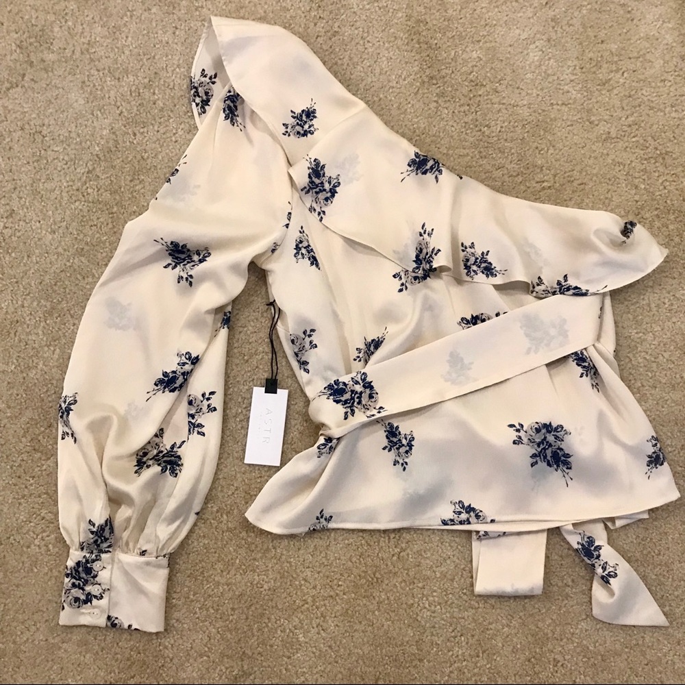 ASTR asymmetrical cream satin floral blouse